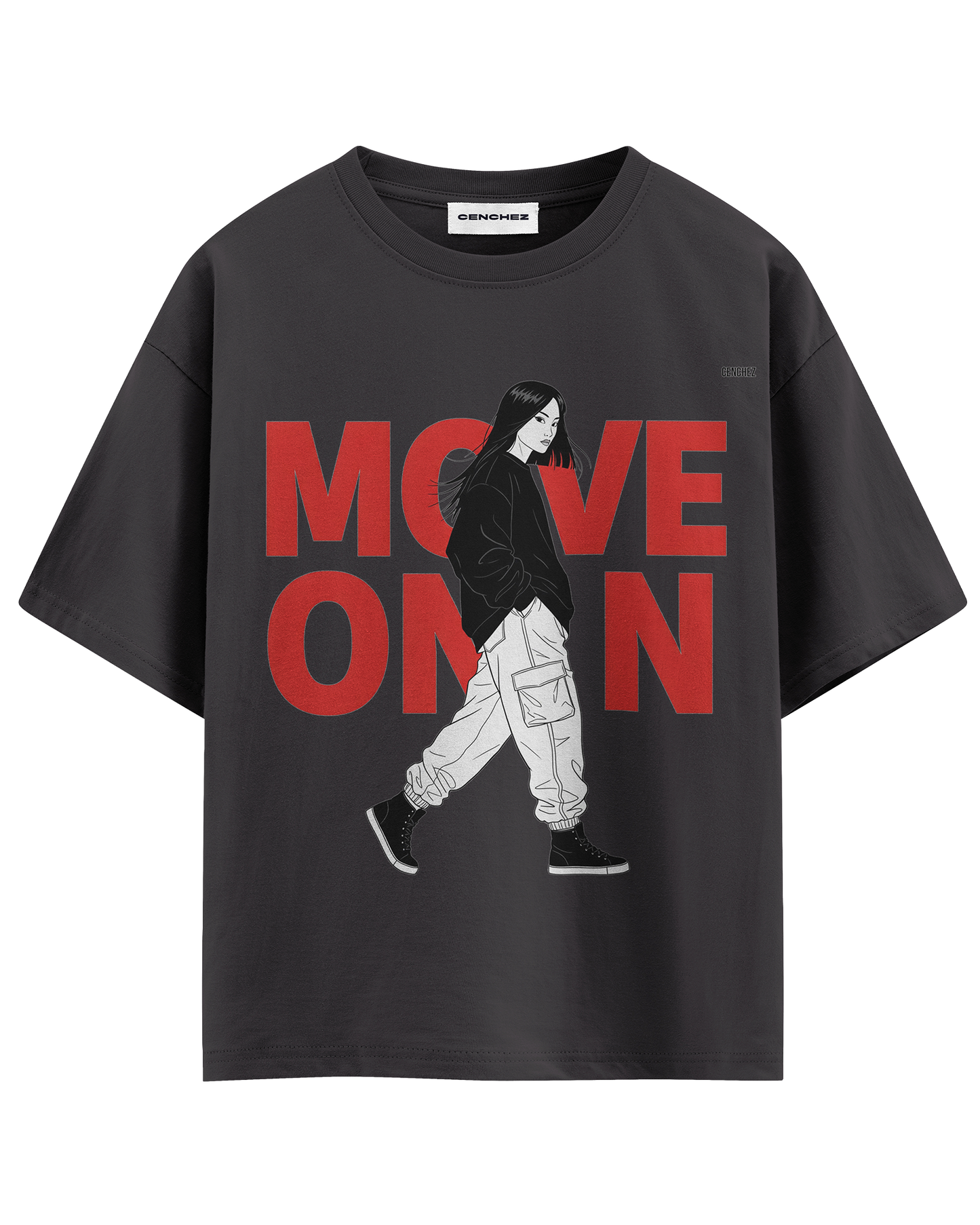 Move On Graphic T-Shirt – Oversized Streetwear Tee | Bold Red Typography with Girl Illustration