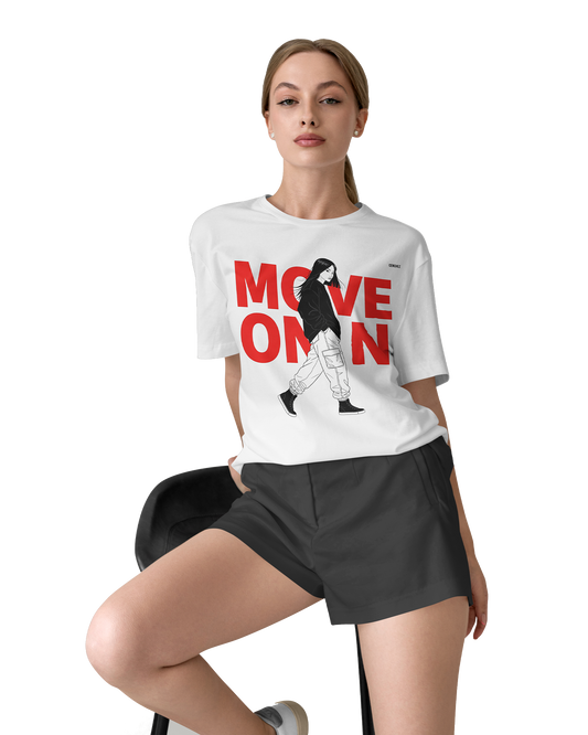 Move On Graphic T-Shirt – Oversized Streetwear Tee | Bold Red Typography with Girl Illustration