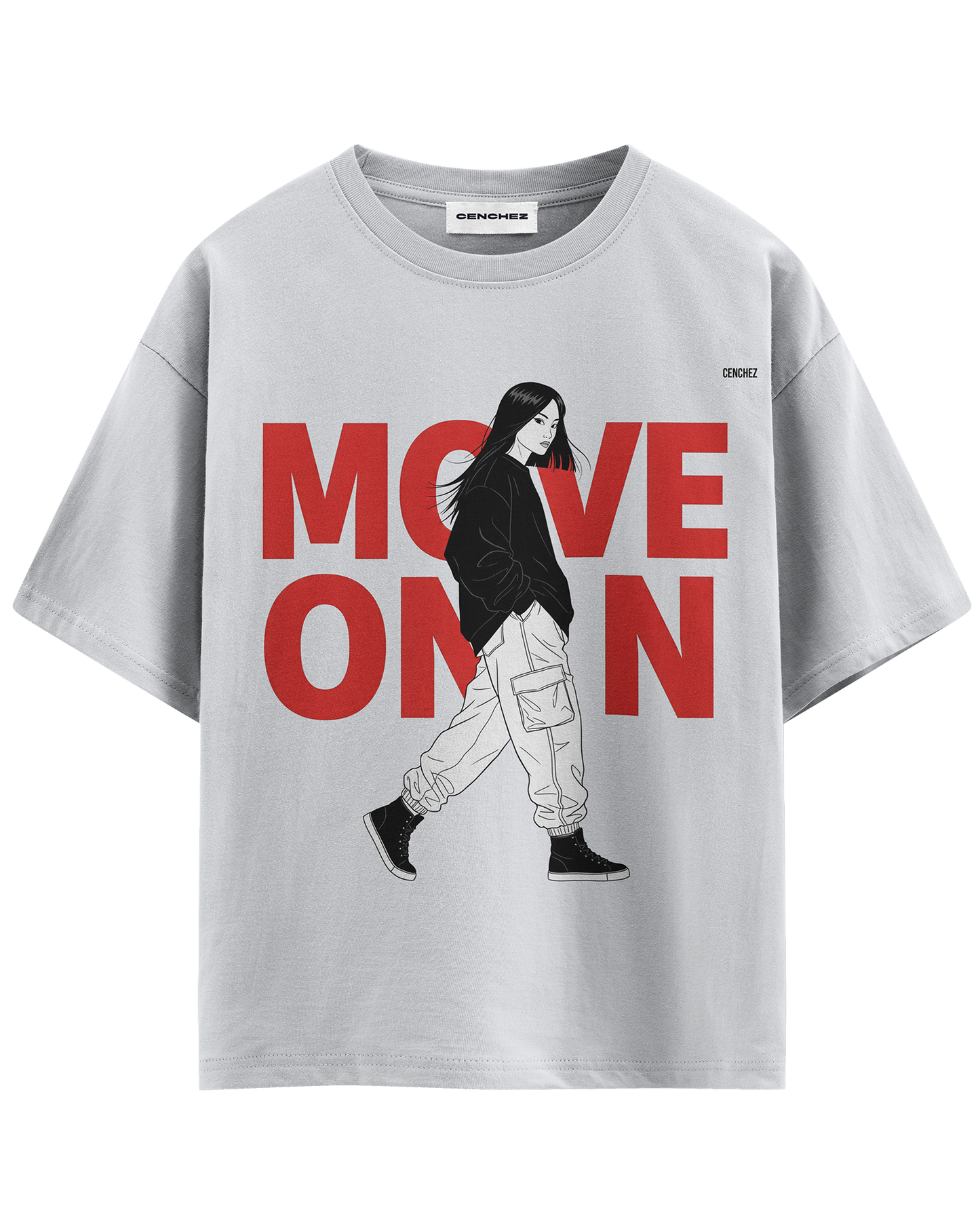 Move On Graphic T-Shirt – Oversized Streetwear Tee | Bold Red Typography with Girl Illustration