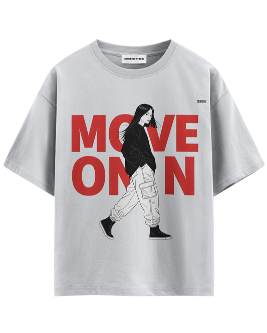 Move On Graphic T-Shirt – Oversized Streetwear Tee | Bold Red Typography with Girl Illustration