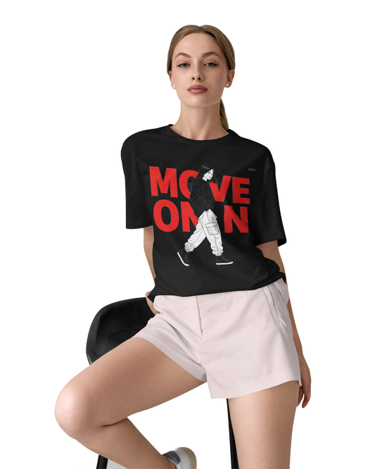 Move On Graphic T-Shirt – Oversized Streetwear Tee | Bold Red Typography with Girl Illustration