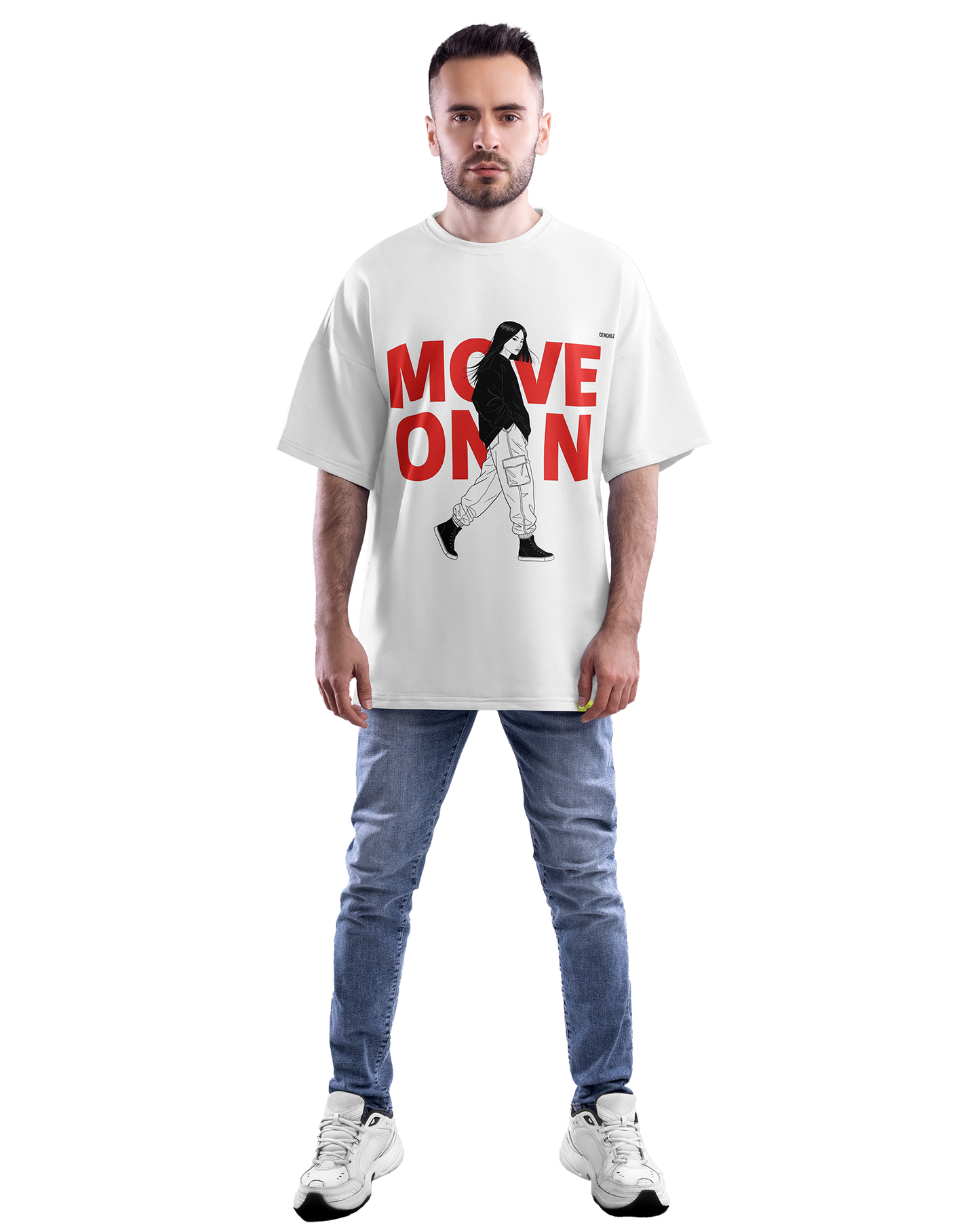 Move On Graphic T-Shirt – Oversized Streetwear Tee | Bold Red Typography with Girl Illustration
