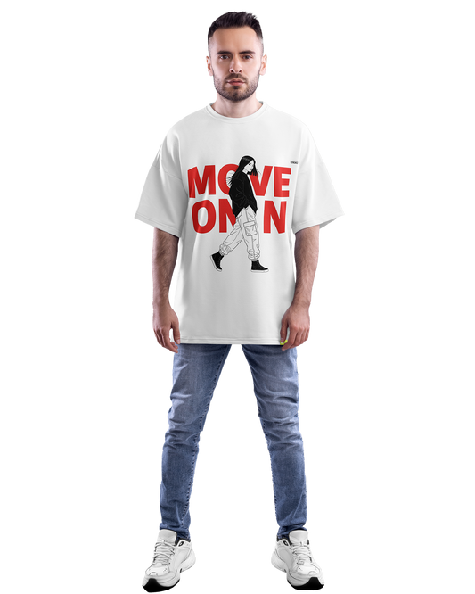 Move On Graphic T-Shirt – Oversized Streetwear Tee | Bold Red Typography with Girl Illustration