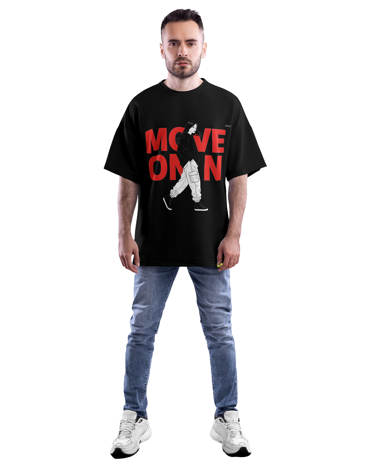 Move On Graphic T-Shirt – Oversized Streetwear Tee | Bold Red Typography with Girl Illustration