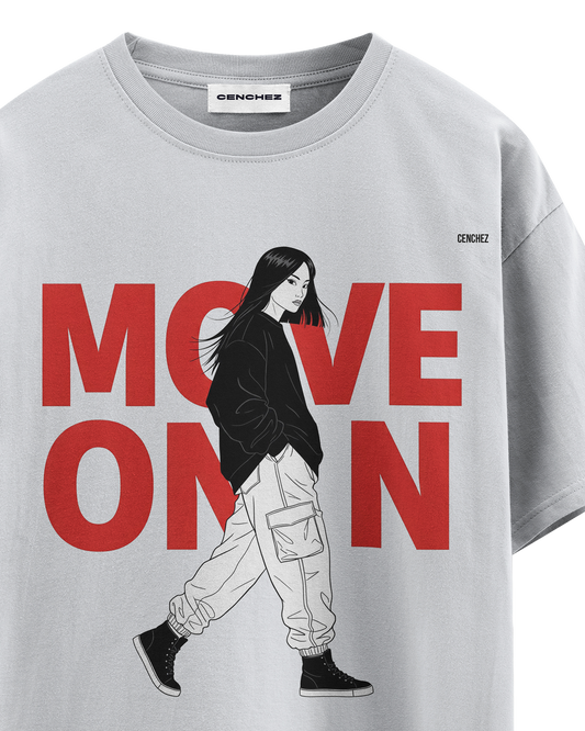 Move On Graphic T-Shirt – Oversized Streetwear Tee | Bold Red Typography with Girl Illustration
