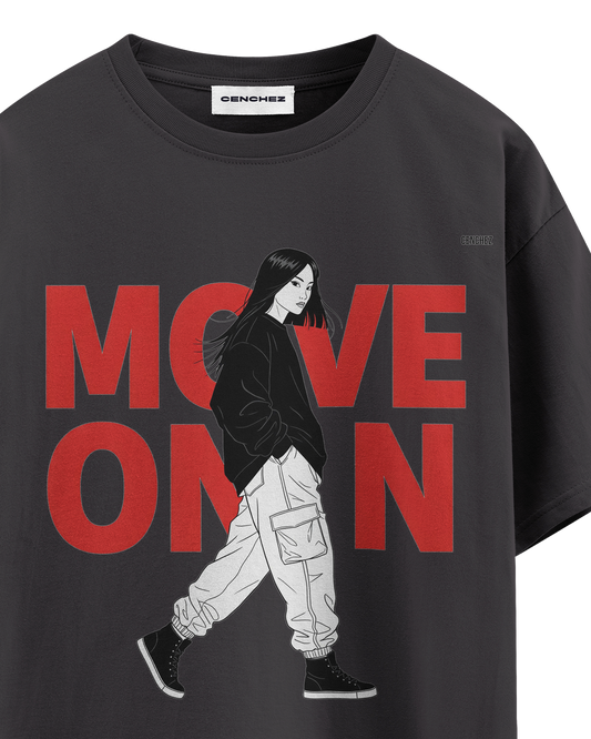 Move On Graphic T-Shirt – Oversized Streetwear Tee | Bold Red Typography with Girl Illustration